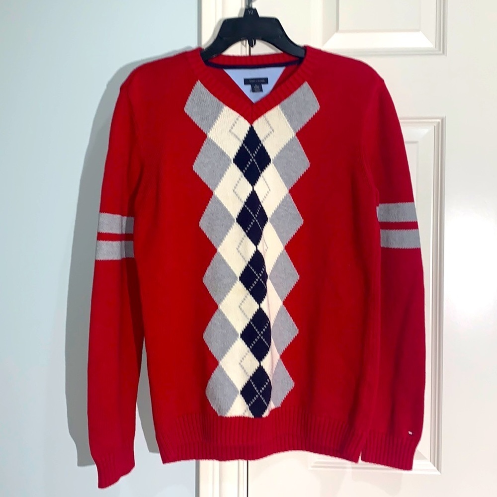 Tommy Hilfiger Boys' Argyle V-Neck Knit Sweater - Red/Gray/Navy - size xl 20
